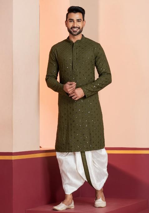 Green Embroidered Cotton Kurta Dhoti Set For Men