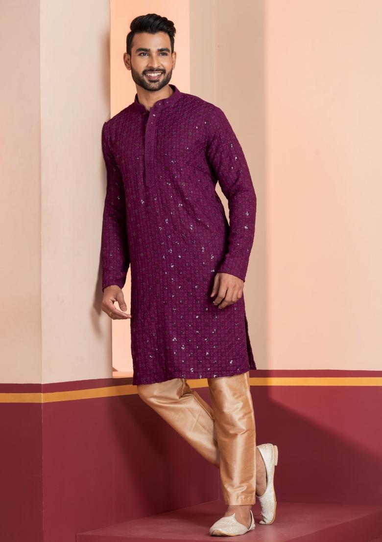 Purple Embroidered Cotton Kurta Set For Men - Indya