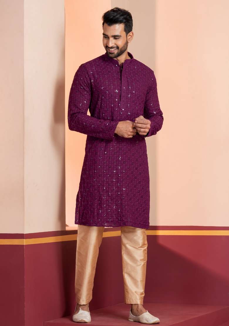 Purple Embroidered Cotton Kurta Set For Men - Indya