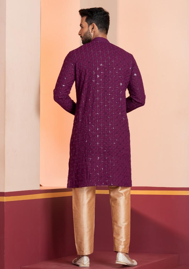Purple Embroidered Cotton Kurta Set For Men - Indya