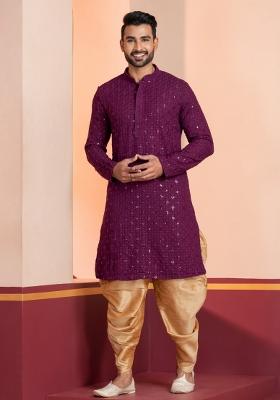 Purple Embroidered Cotton Kurta Dhoti Set For Men