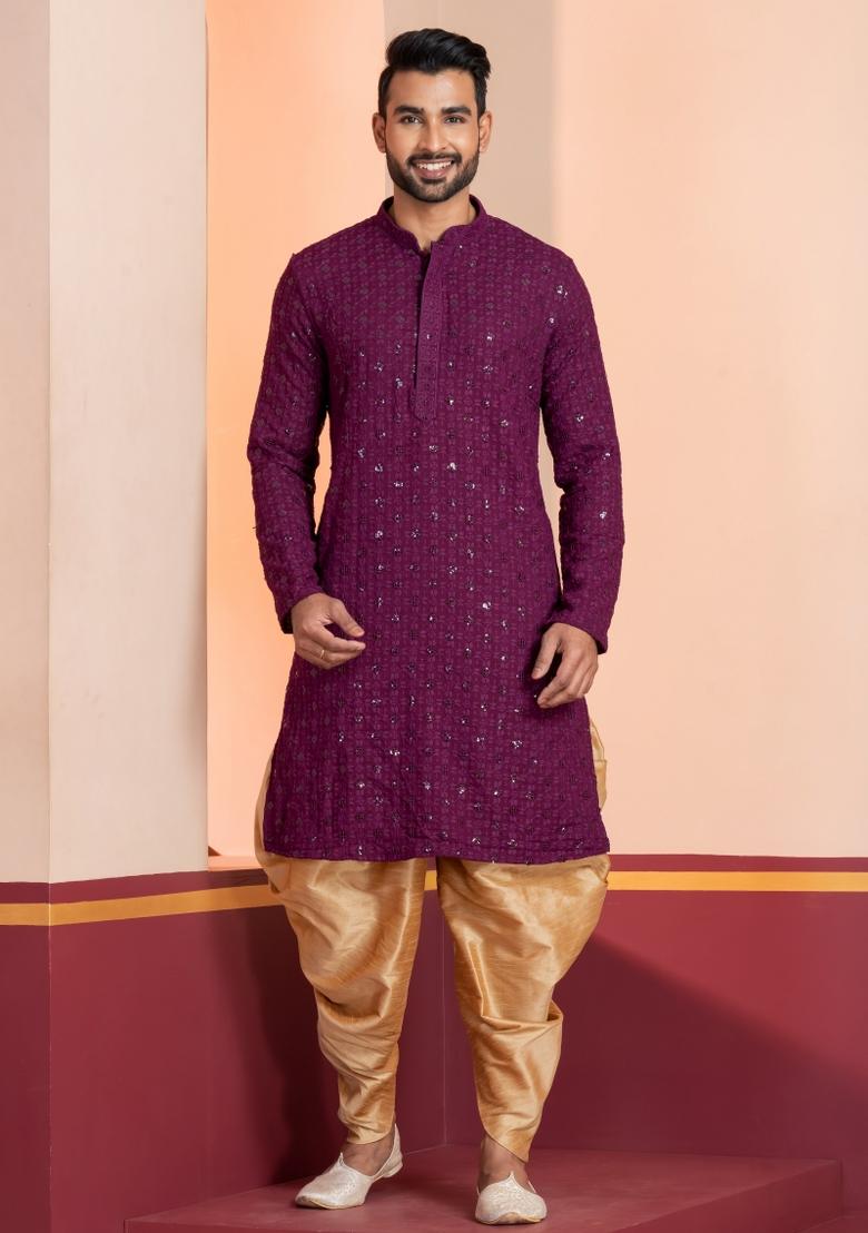 Purple Embroidered Cotton Kurta Dhoti Set For Men - Indya