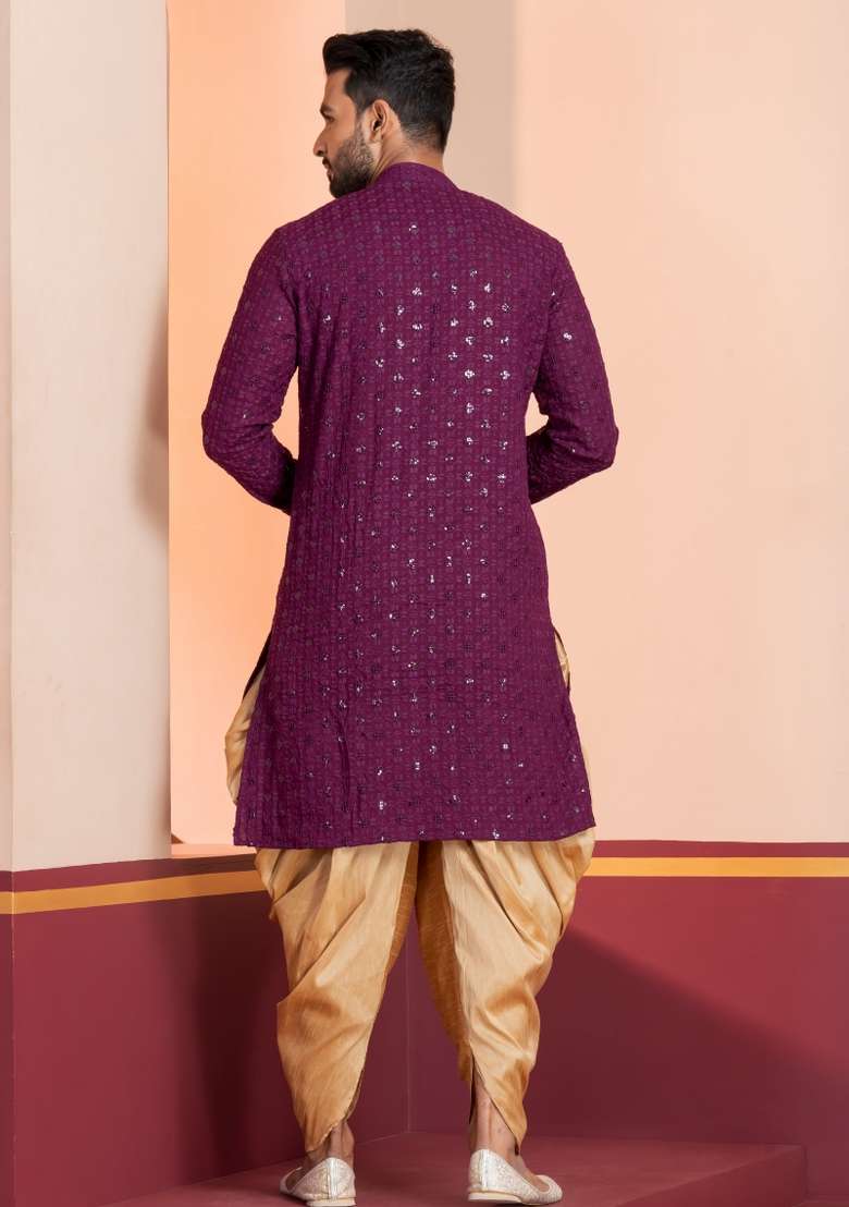Purple Embroidered Cotton Kurta Dhoti Set For Men - Indya