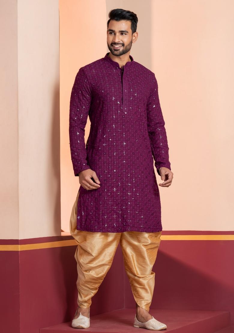 Purple Embroidered Cotton Kurta Dhoti Set For Men - Indya