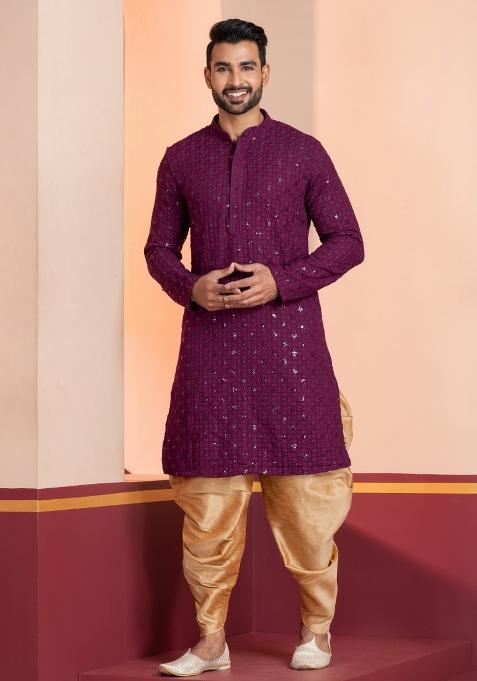 Purple Embroidered Cotton Kurta Dhoti Set For Men