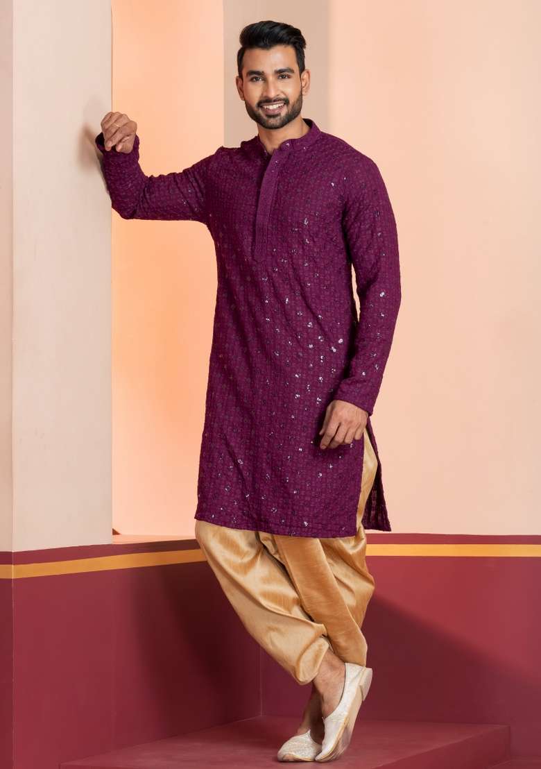 Purple Embroidered Cotton Kurta Dhoti Set For Men - Indya