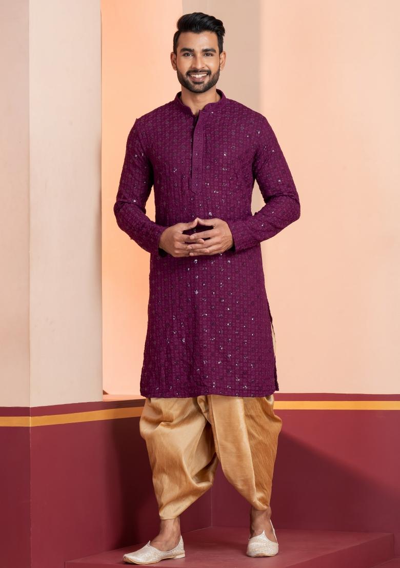Purple Embroidered Cotton Kurta Dhoti Set For Men - Indya