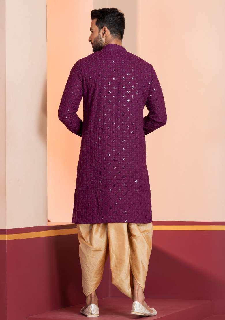 Purple Embroidered Cotton Kurta Dhoti Set For Men - Indya