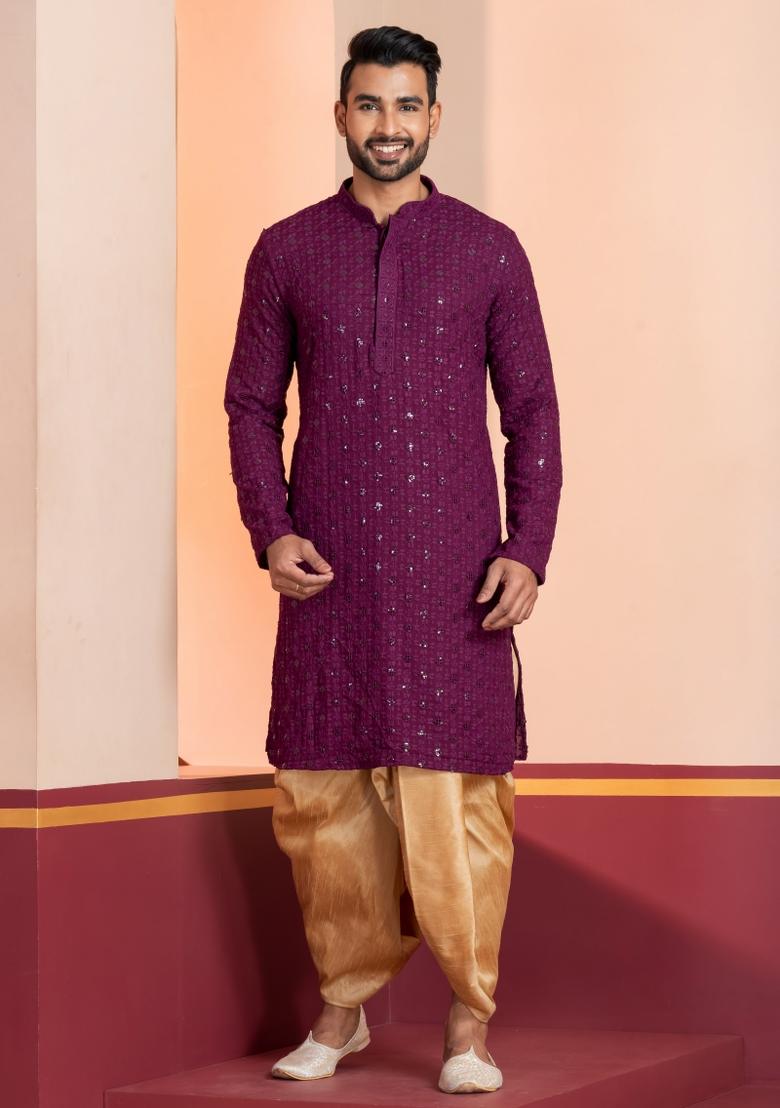 Purple Embroidered Cotton Kurta Dhoti Set For Men - Indya