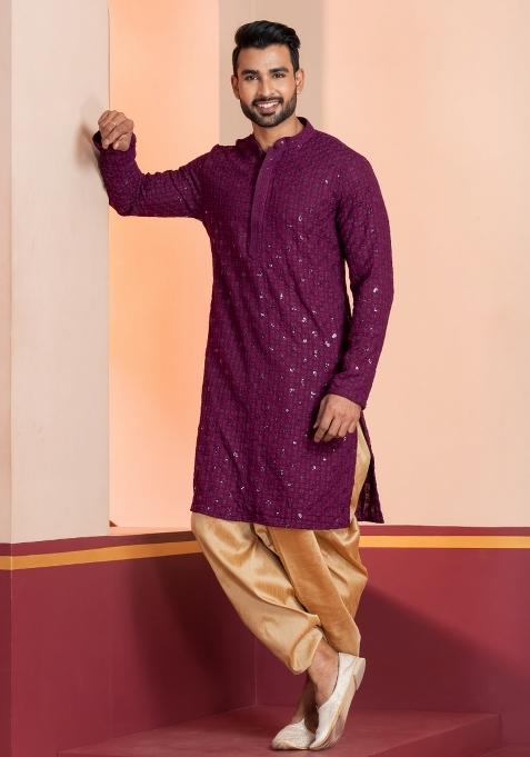 Purple Embroidered Cotton Kurta Dhoti Set For Men