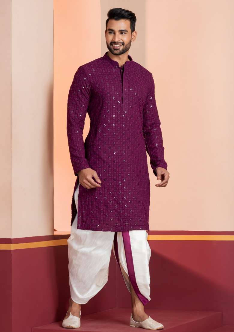 Purple Embroidered Cotton Kurta Dhoti Set For Men - Indya