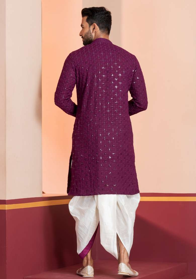 Purple Embroidered Cotton Kurta Dhoti Set For Men - Indya