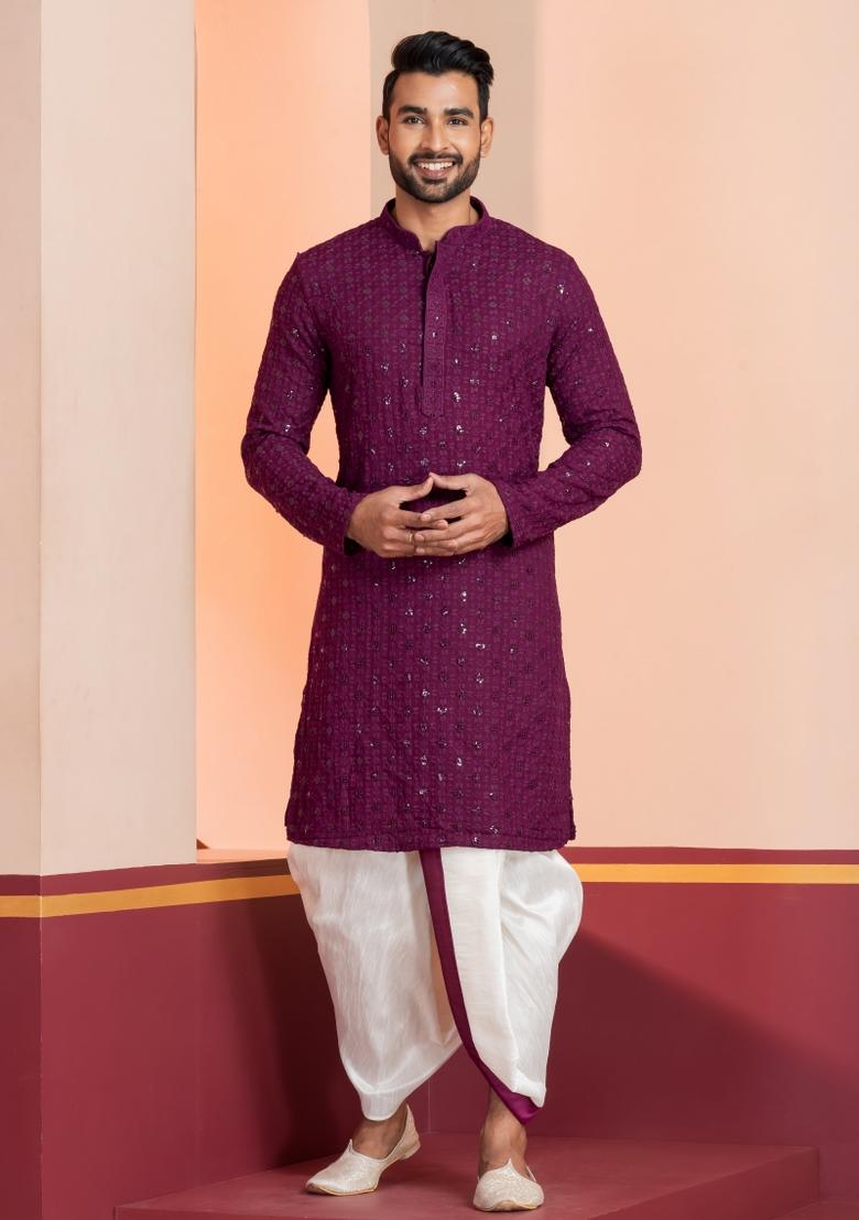 Purple Embroidered Cotton Kurta Dhoti Set For Men - Indya