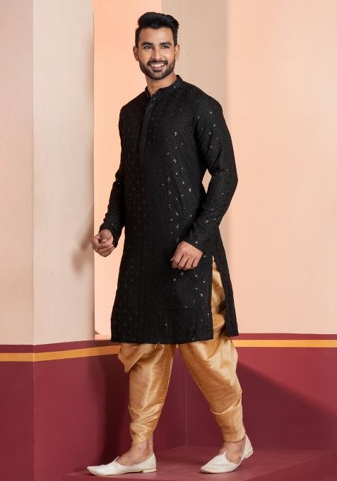 Black Embroidered Cotton Kurta Dhoti Set For Men