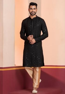 Black Embroidered Cotton Kurta Set For Men