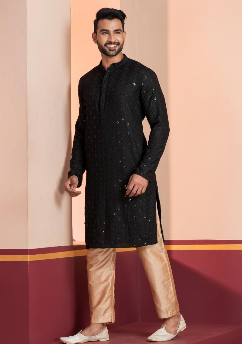 Black Embroidered Cotton Kurta Set For Men - Indya