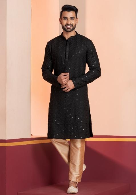Black Embroidered Cotton Kurta Set For Men