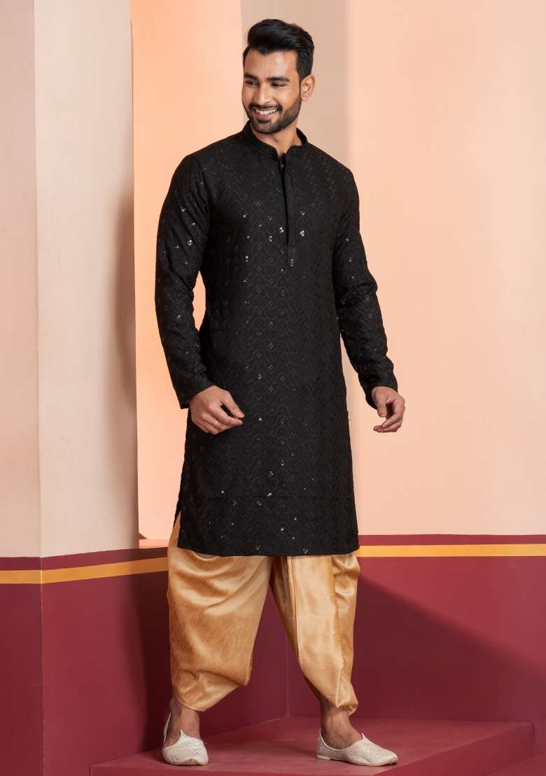 Black Embroidered Cotton Kurta Dhoti Set For Men - Indya