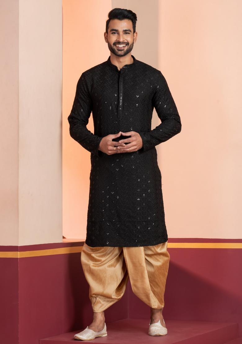 Black Embroidered Cotton Kurta Dhoti Set For Men - Indya