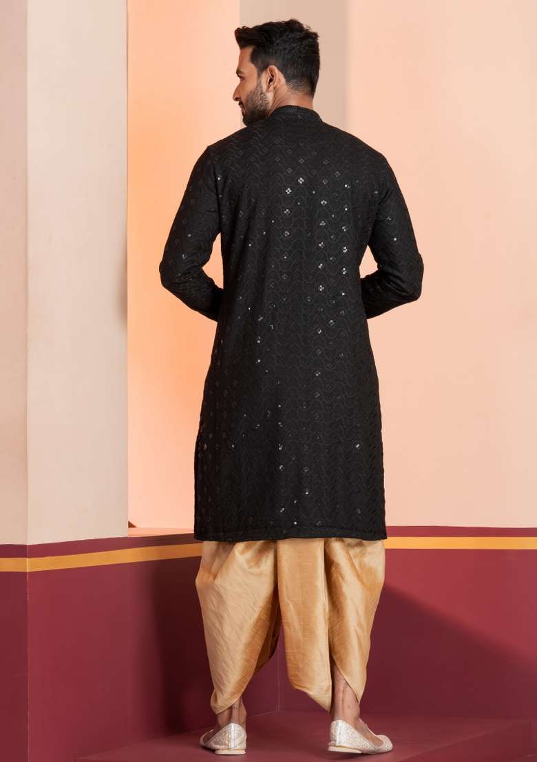 Black Embroidered Cotton Kurta Dhoti Set For Men - Indya