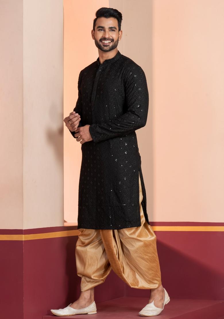 Black Embroidered Cotton Kurta Dhoti Set For Men - Indya