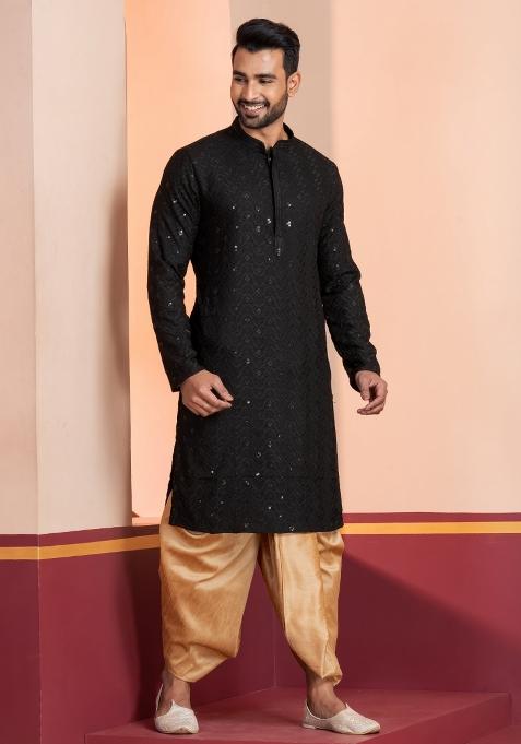 Black Embroidered Cotton Kurta Dhoti Set For Men