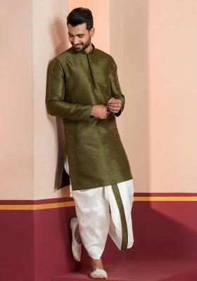 Black Embroidered Silk Kurta Dhoti Set For Men