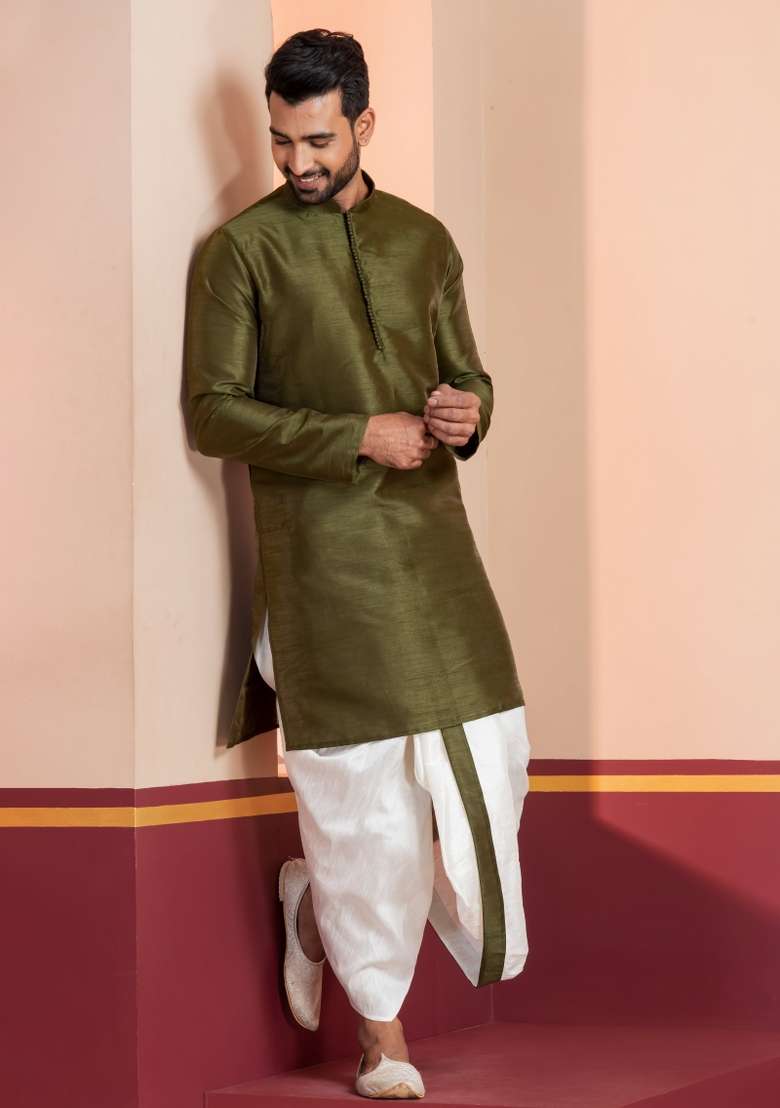 Black Embroidered Silk Blend Kurta Dhoti Set For Men - Indya