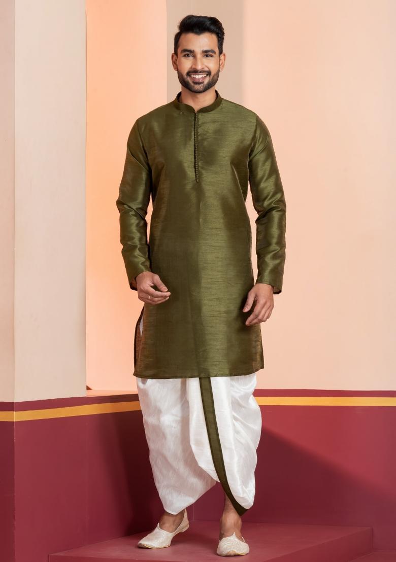 Black Embroidered Silk Kurta Dhoti Set For Men - Indya