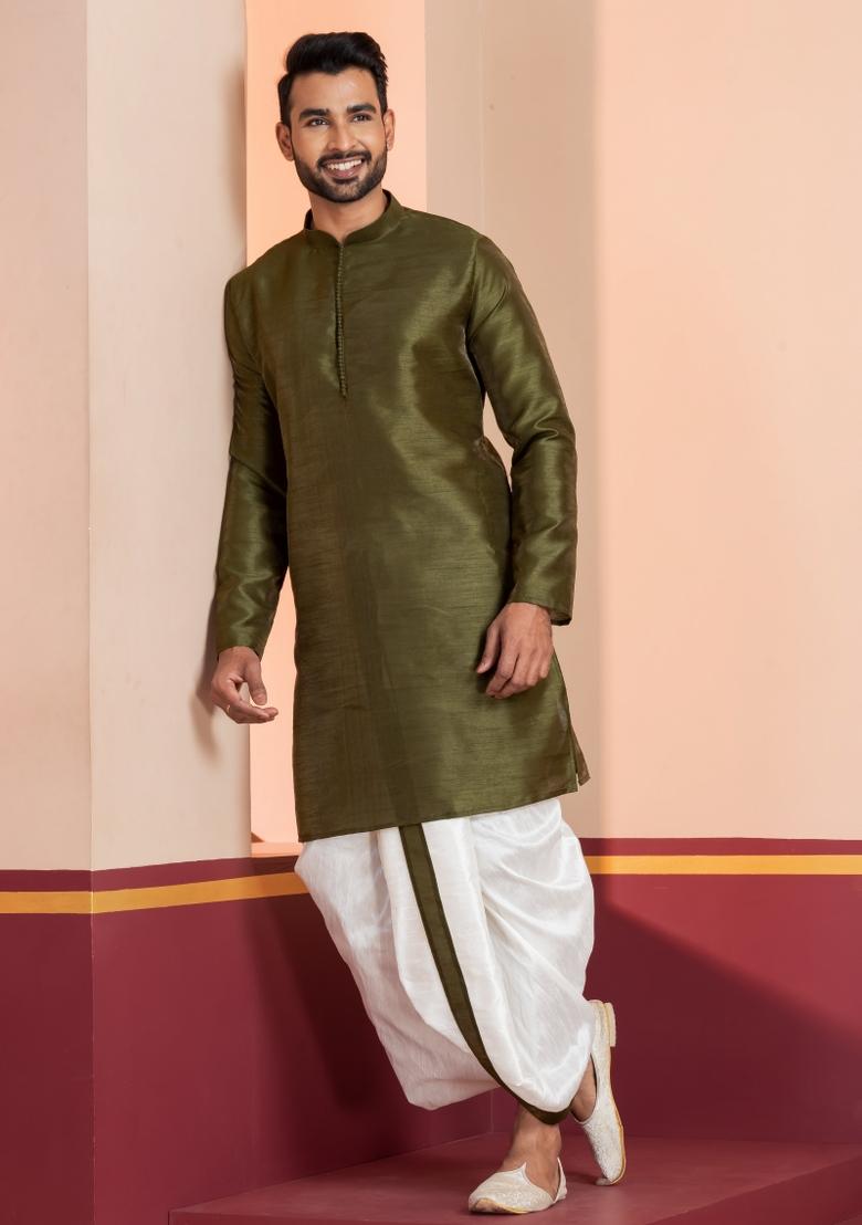 Black Embroidered Silk Kurta Dhoti Set For Men - Indya