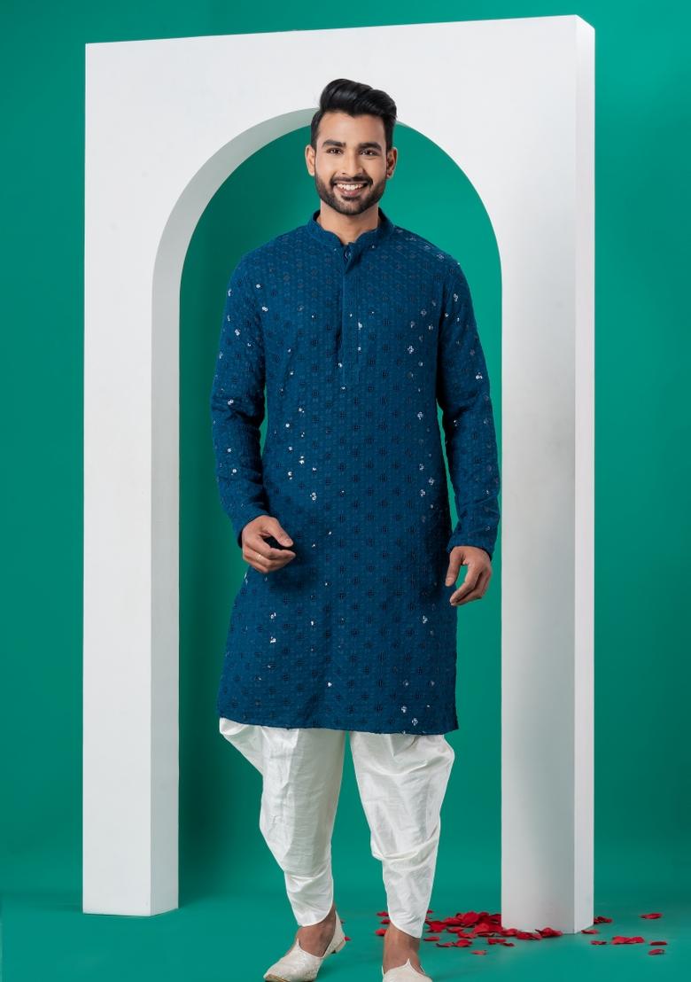 Blue Embroidered Cotton Kurta For Men - Indya