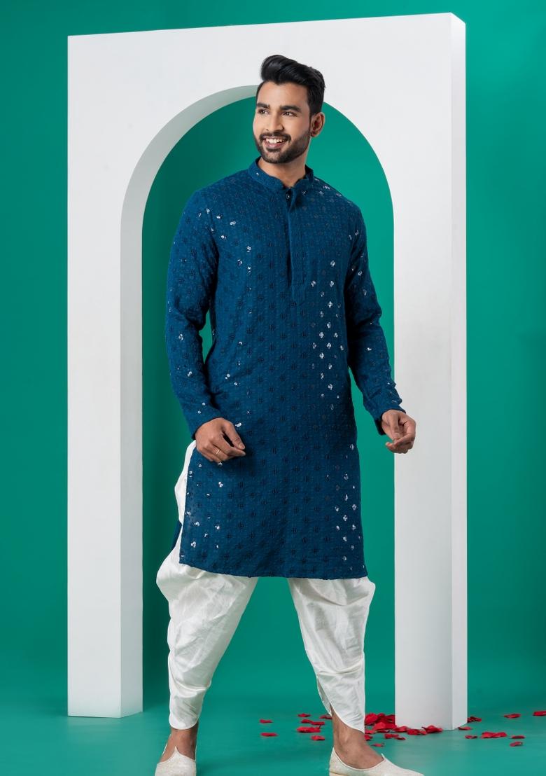 Blue Embroidered Cotton Kurta For Men - Indya