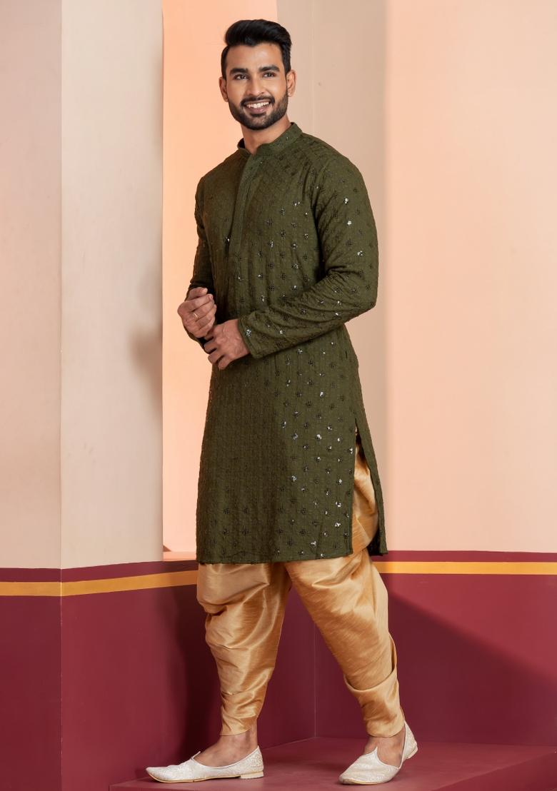 Green Embroidered Cotton Kurta For Men - Indya