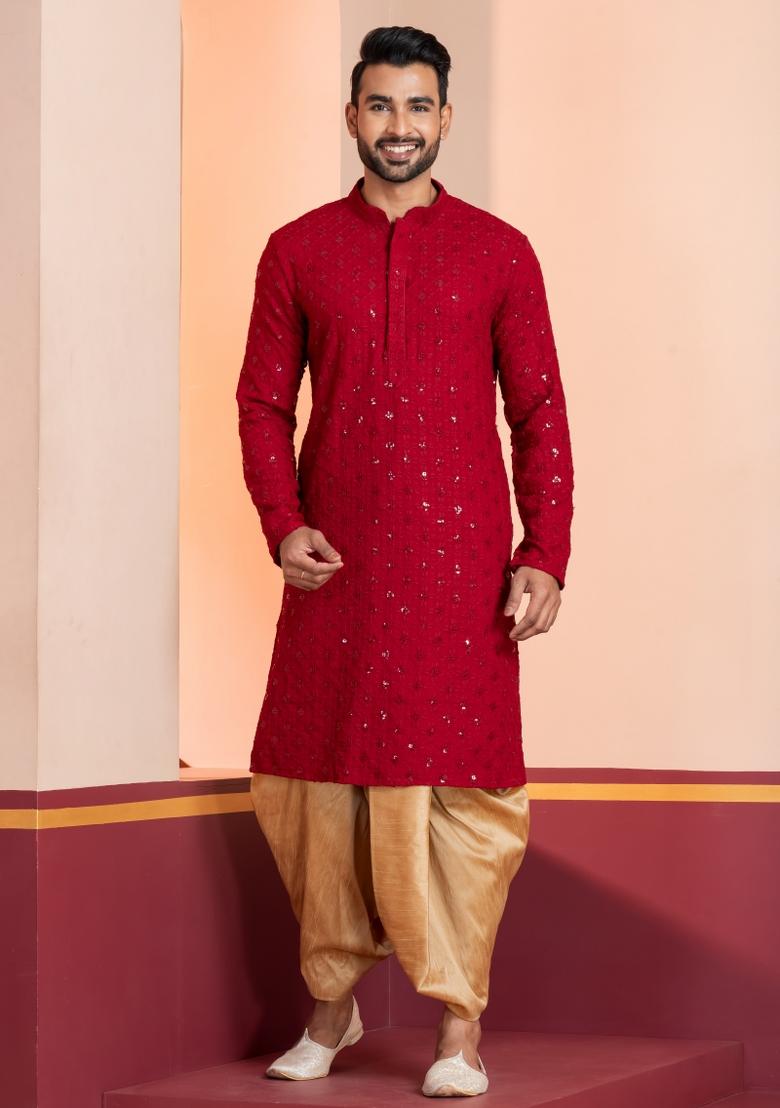 Red Embroidered Cotton Kurta For Men - Indya