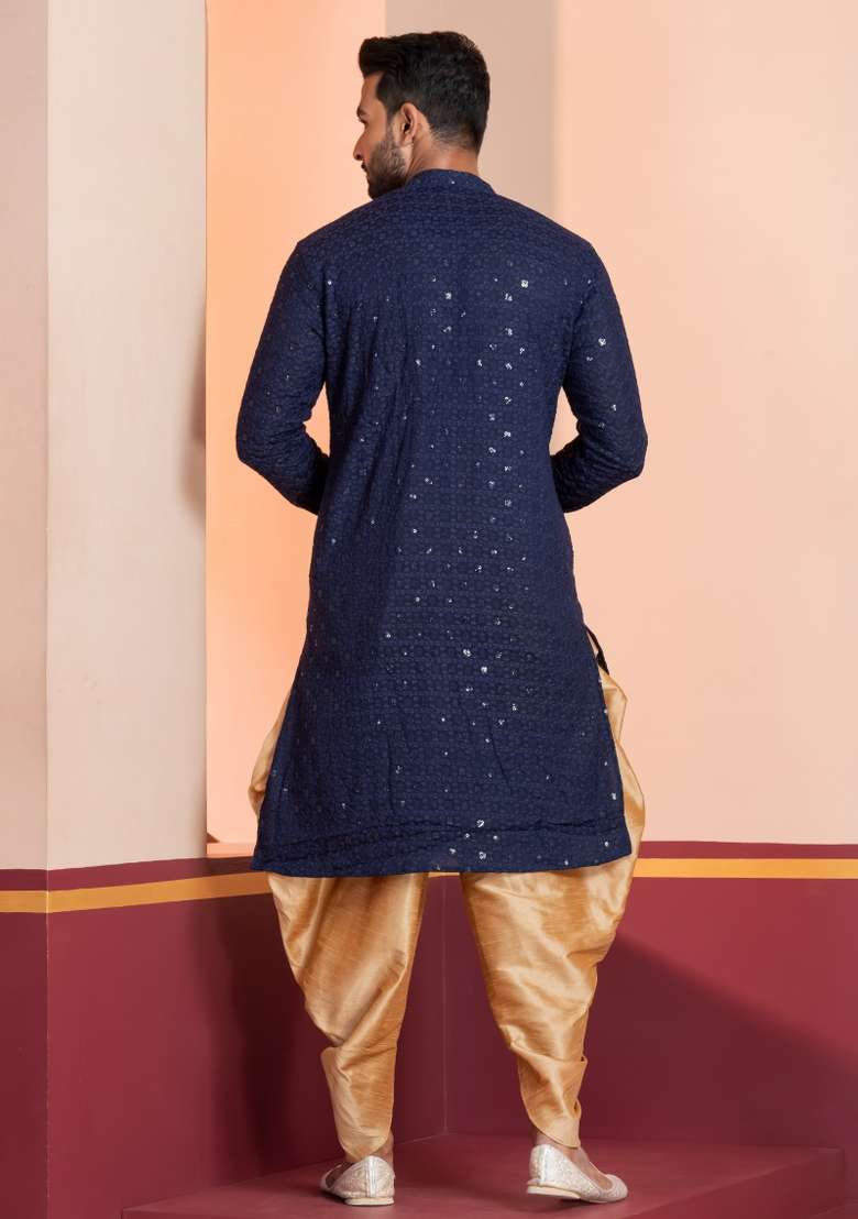 Navy Blue Embroidered Cotton Kurta For Men - Indya