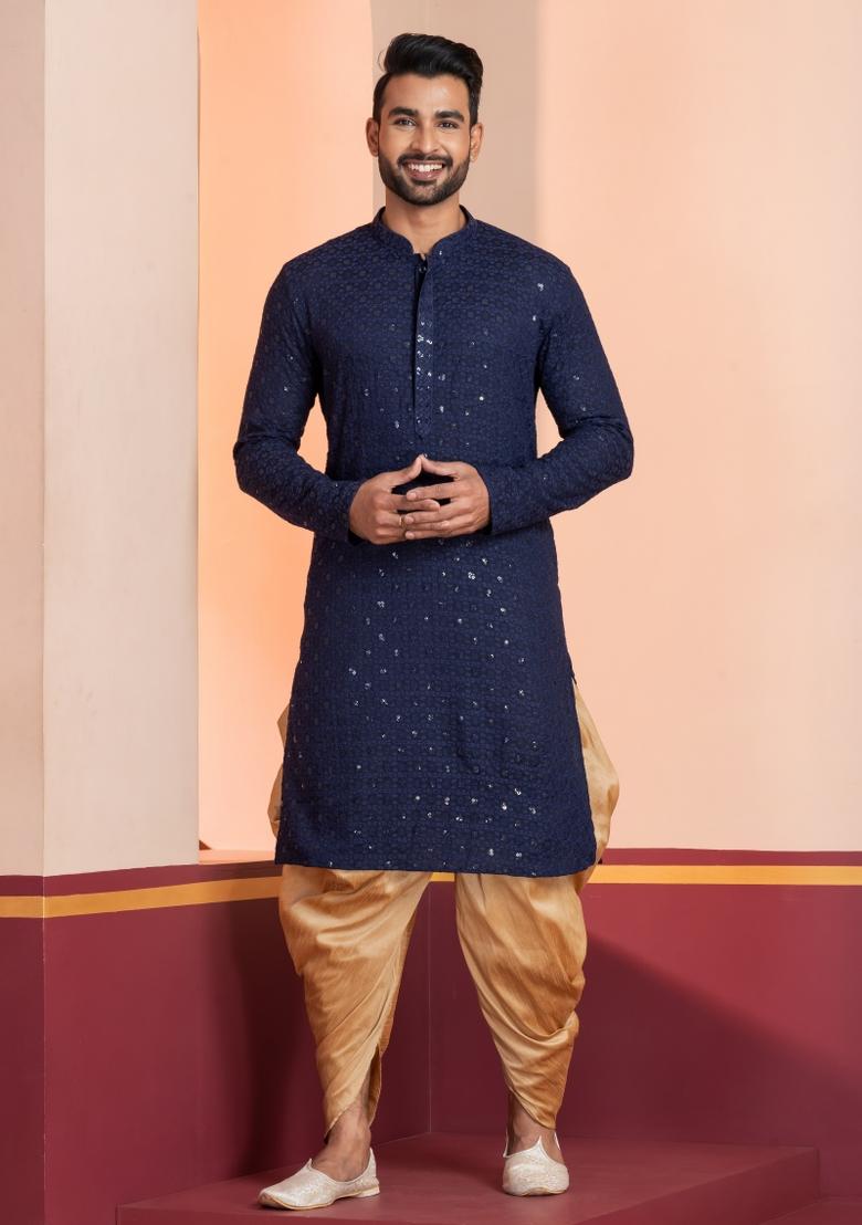 Navy Blue Embroidered Cotton Kurta For Men - Indya