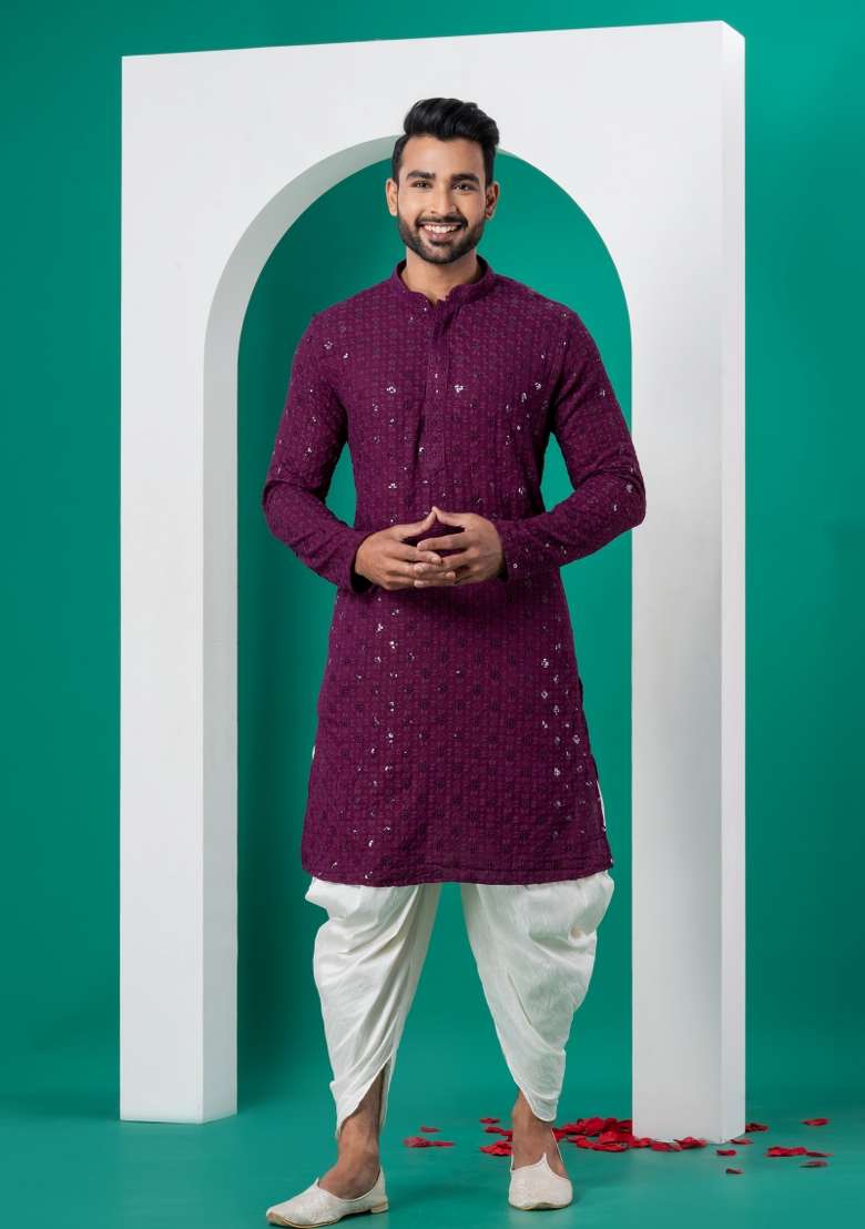 Purple Embroidered Cotton Kurta For Men - Indya