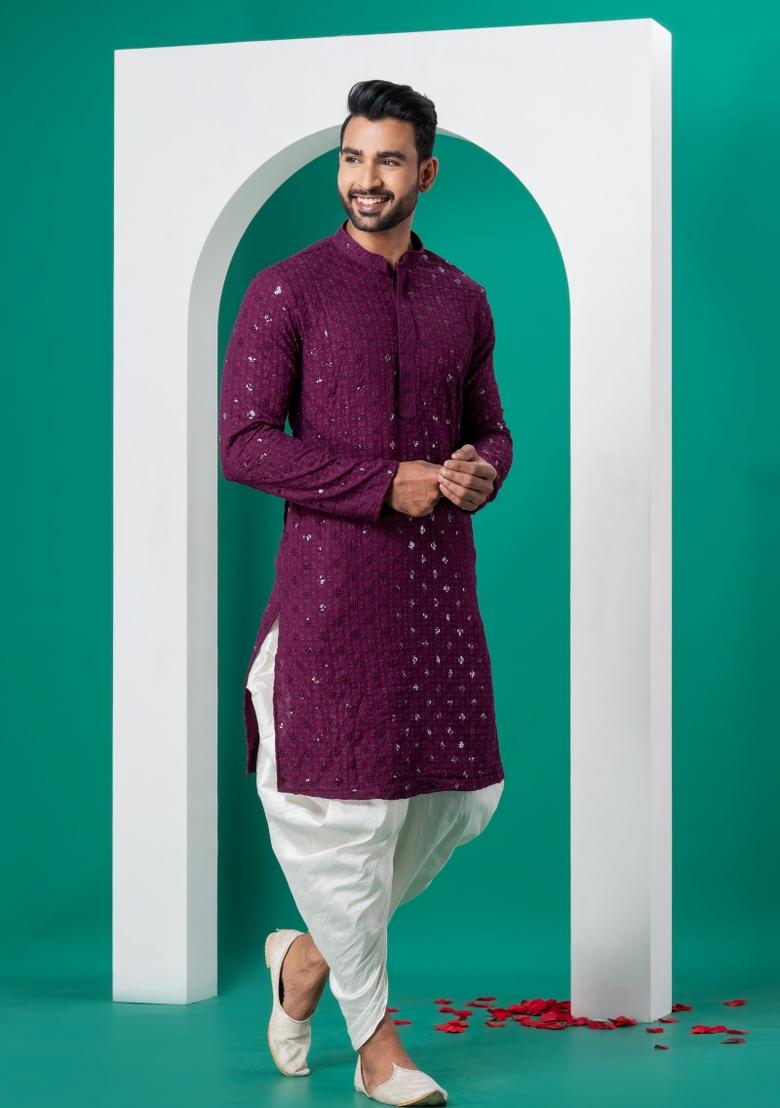 Purple Embroidered Cotton Kurta For Men - Indya