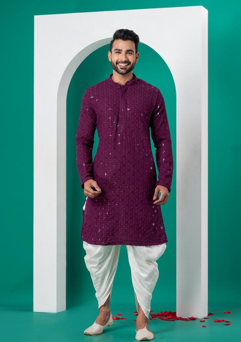 Purple Embroidered Cotton Kurta For Men - Indya