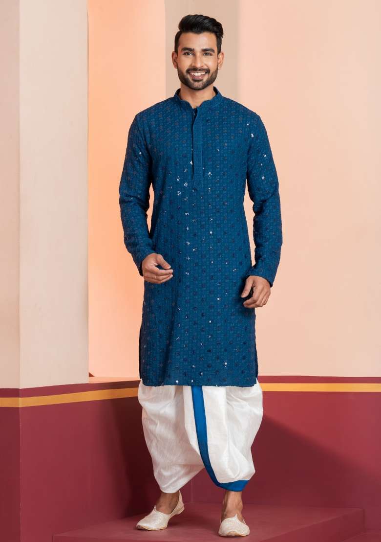 Blue Embroidered Cotton Kurta For Men - Indya