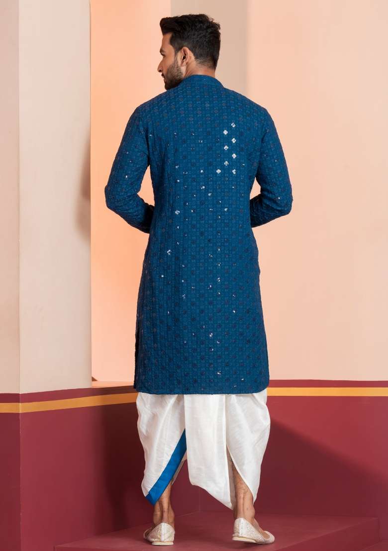 Blue Embroidered Cotton Kurta For Men - Indya