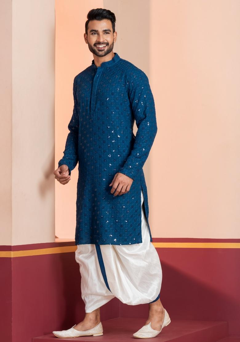 Blue Embroidered Cotton Kurta For Men - Indya