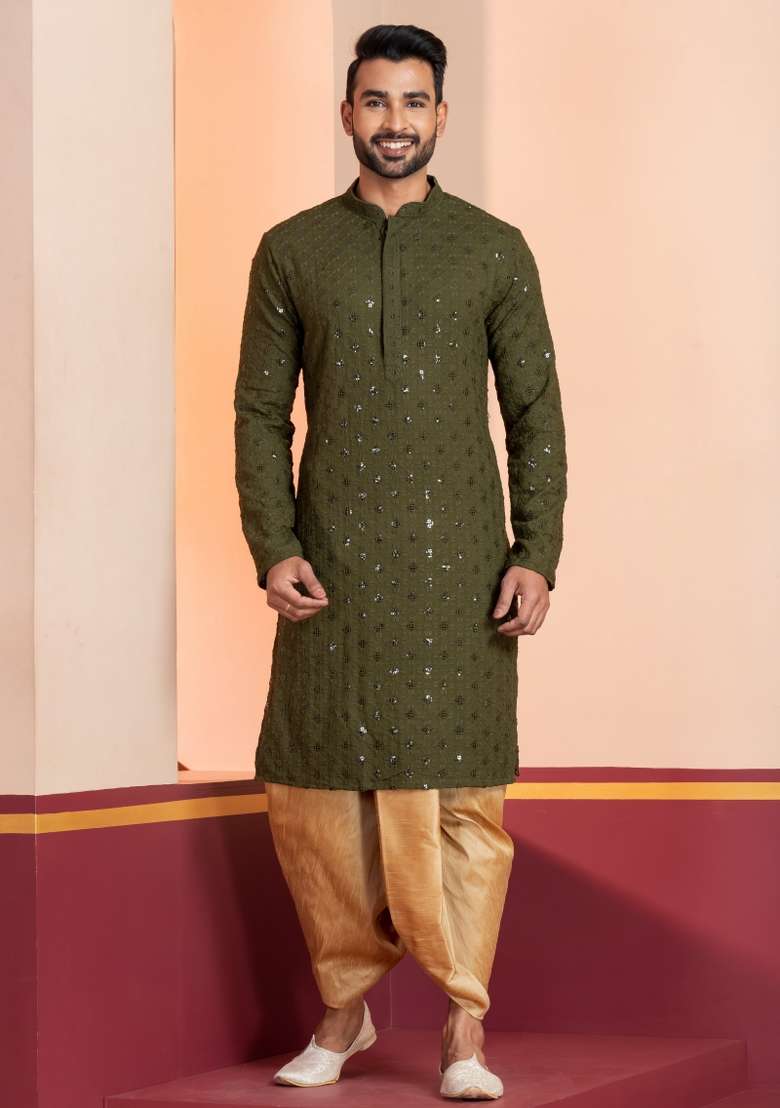 Green Embroidered Cotton Kurta For Men - Indya