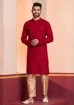 Red Embroidered Cotton Kurta For Men