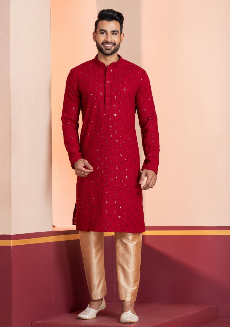Red Embroidered Cotton Kurta For Men - Indya