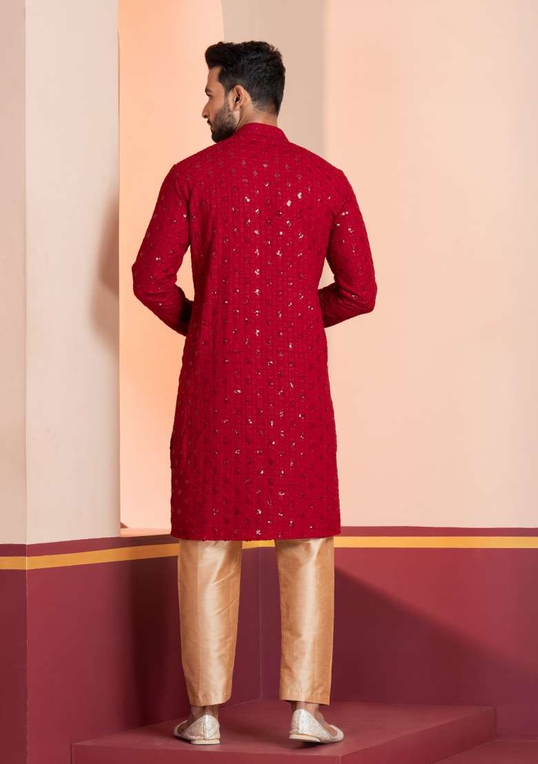 Red Embroidered Cotton Kurta For Men - Indya