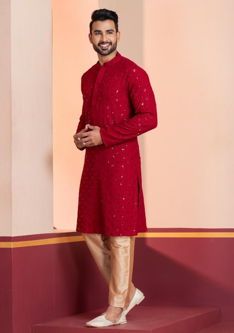 Red Embroidered Cotton Kurta For Men - Indya