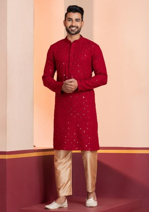 Red Embroidered Cotton Kurta For Men