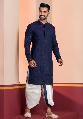 Navy Blue Embroidered Cotton Kurta For Men