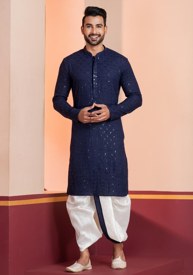 Navy Blue Embroidered Cotton Kurta For Men - Indya